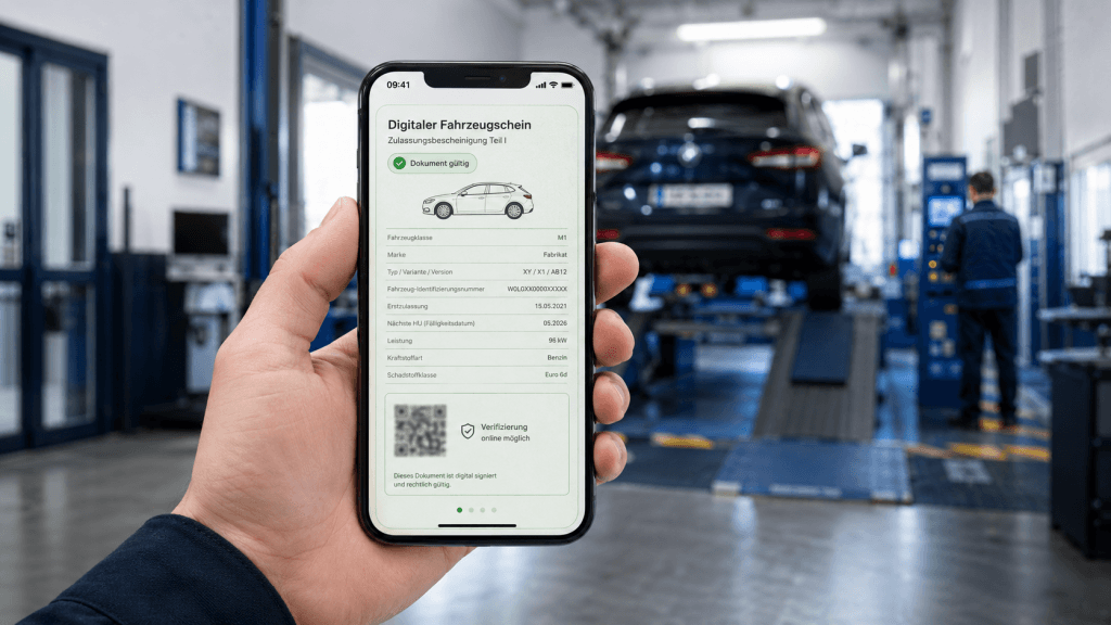Digitaler Fahrzeugschein auf einem Smartphone in einer Kfz-Prüfstelle