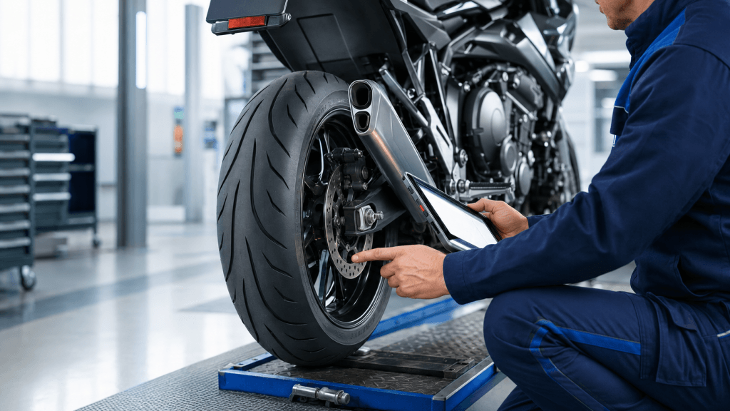 Prüfingenieur kontrolliert Motorradreifen und Fabrikatsbindung