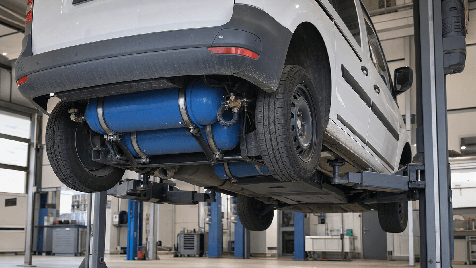 Serienmäßiges CNG-Fahrzeug mit blauen Gastanks bei der Hauptuntersuchung