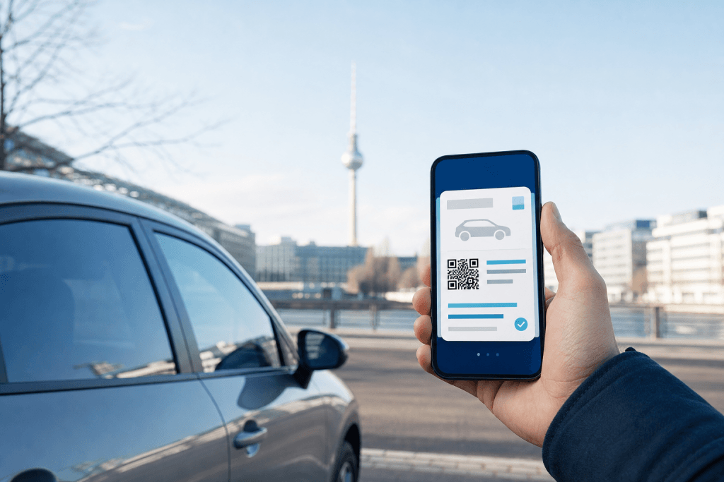 Smartphone mit digitalem Fahrzeugschein neben einem Auto in Berlin