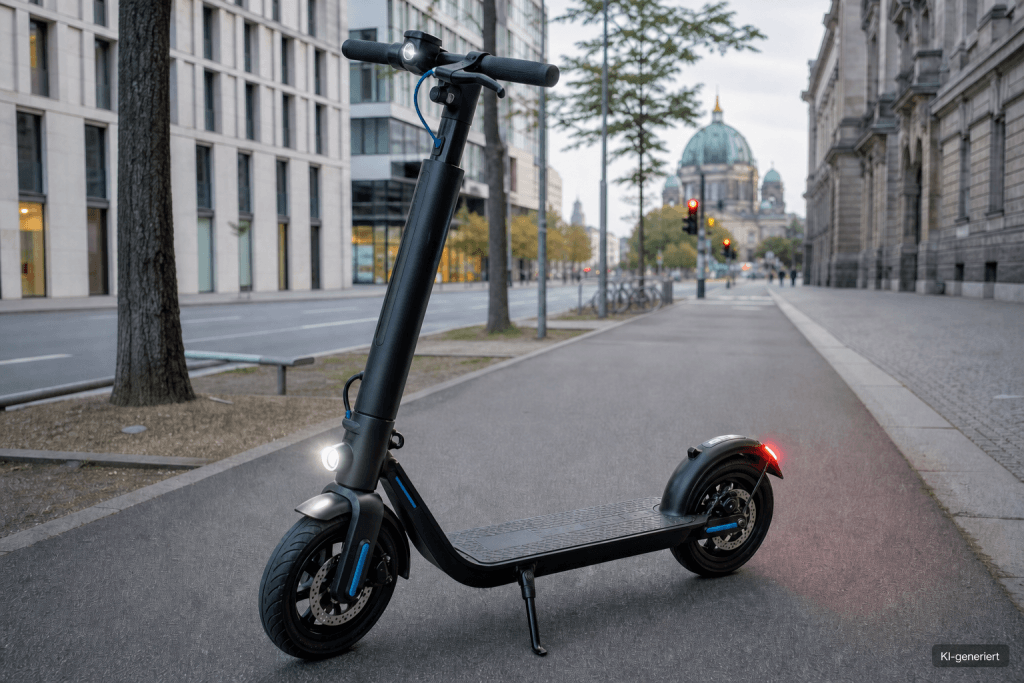 E-Scooter mit sichtbarer Bremsanlage, Reifen und eingeschalteter Beleuchtung auf einer Berliner Straße