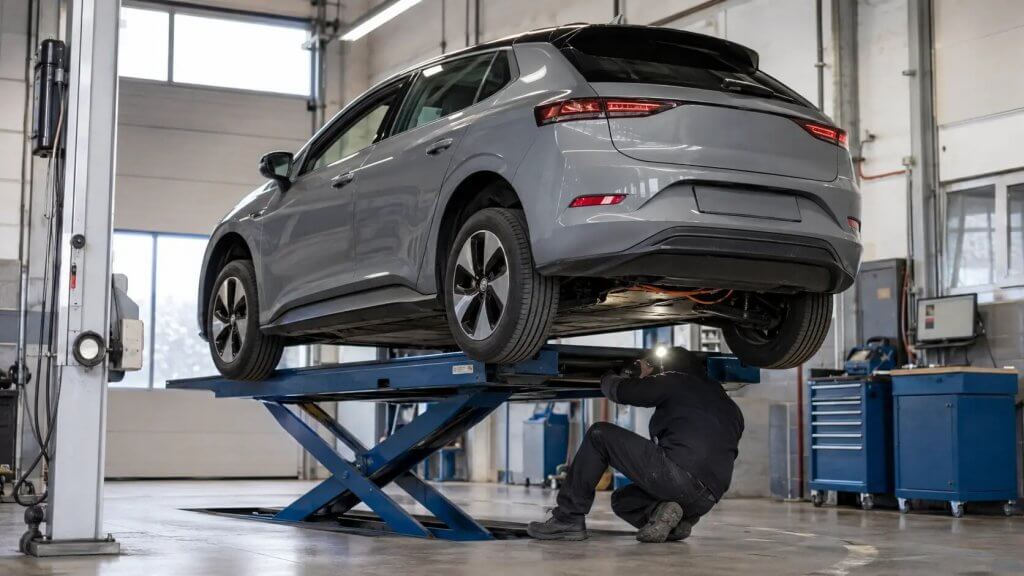 Prüfer kontrolliert den Unterboden und das Hochvoltsystem eines Elektroautos bei der Hauptuntersuchung