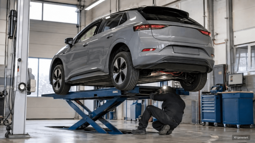 Prüfer kontrolliert den Unterboden und das Hochvoltsystem eines Elektroautos bei der Hauptuntersuchung