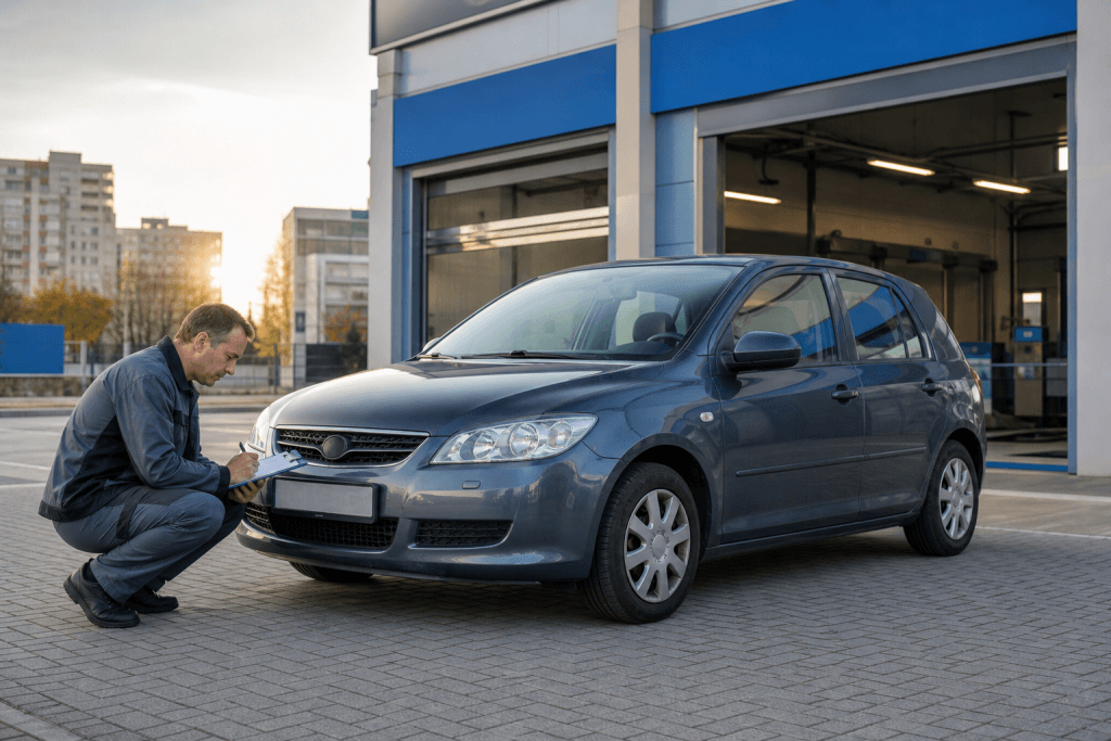 Älteres Auto bei der Hauptuntersuchung an einer Prüfstation in Berlin