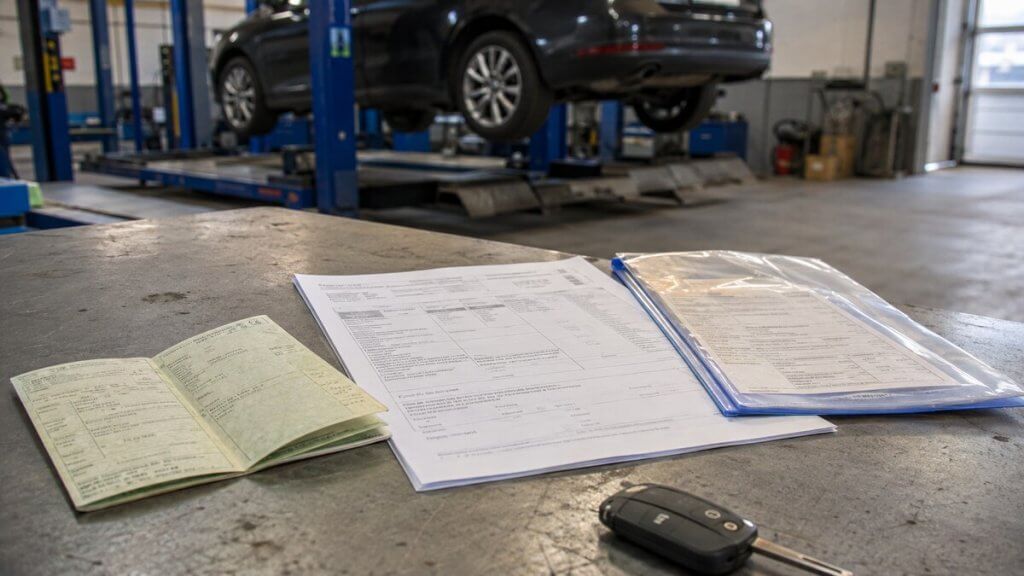 Unterlagen für die Hauptuntersuchung mit Fahrzeugschein und HU-Prüfbericht