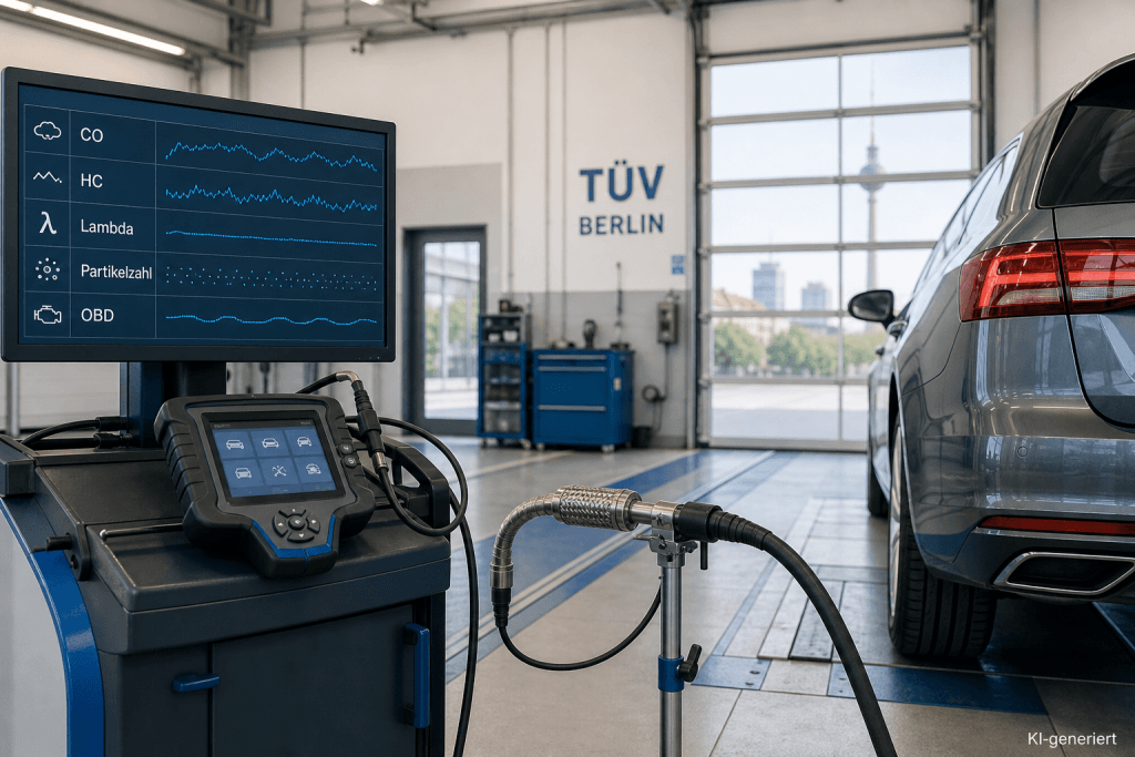 Abgasuntersuchung in einer Kfz-Prüfstation mit Abgasmessgerät und OBD-Diagnosegerät