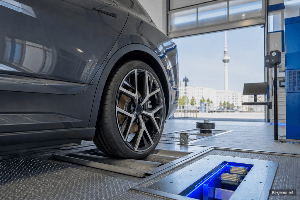 Bremsscheibe eines Elektroautos mit leichtem Flugrost auf einer Bremsenprüfrolle in einer Berliner Kfz-Prüfstation