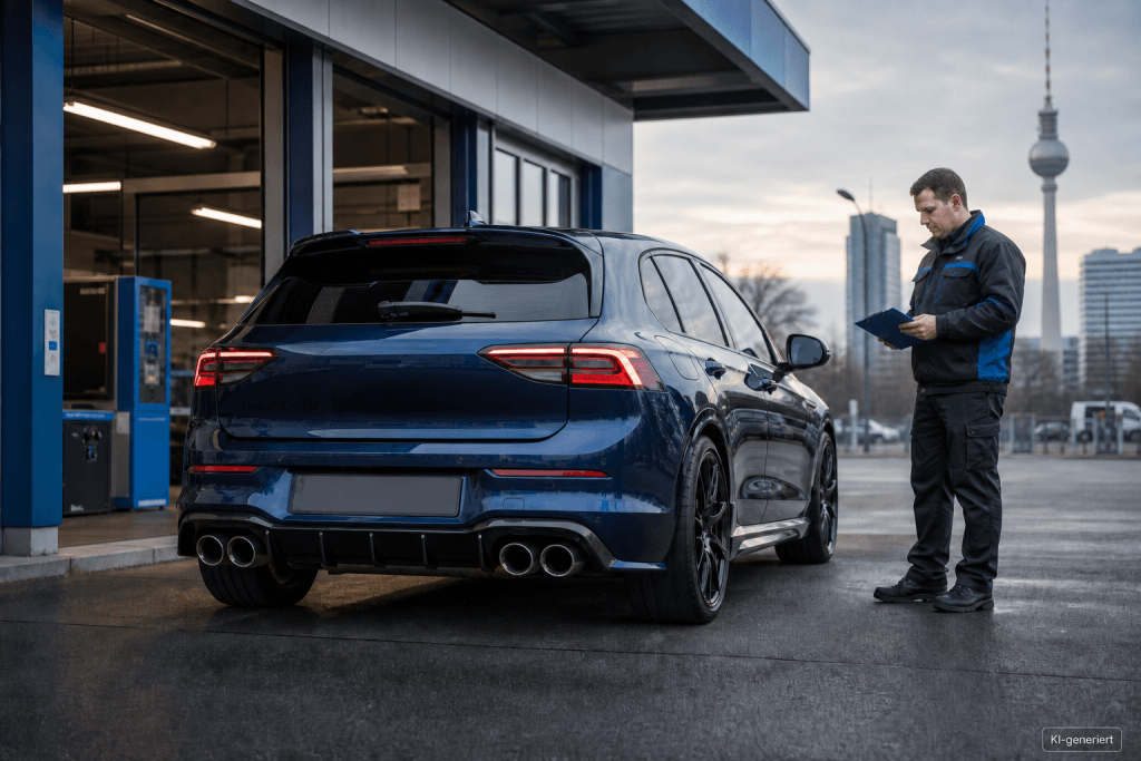 Sportlich umgerüstetes Auto bei einer technischen Prüfung in Berlin
