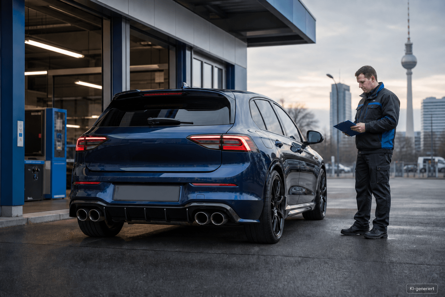 Sportlich umgerüstetes Auto bei einer technischen Prüfung in Berlin
