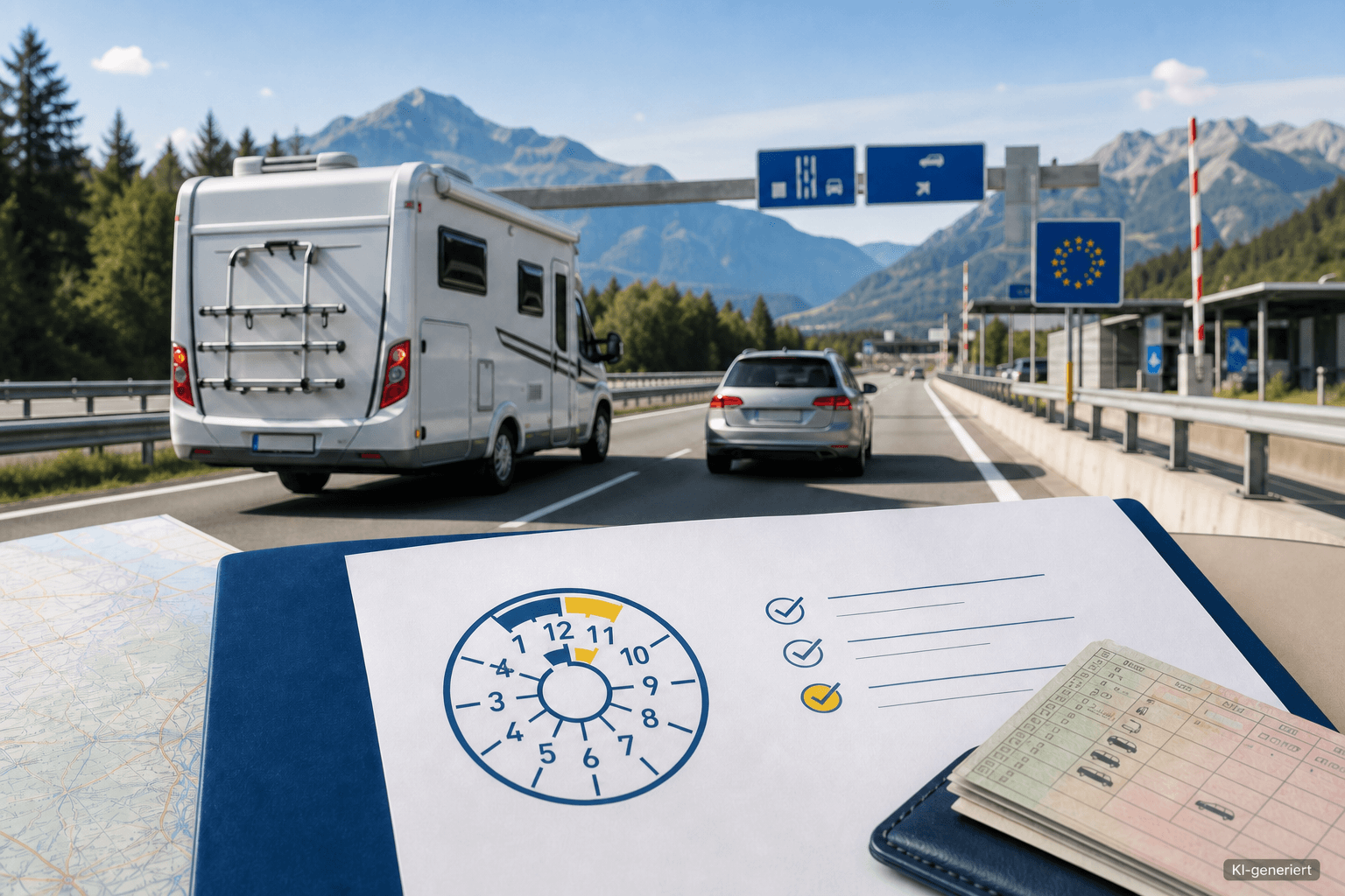 Wohnmobil und Pkw auf einer europäischen Autobahn mit Fahrzeugpapieren und Prüfplakette