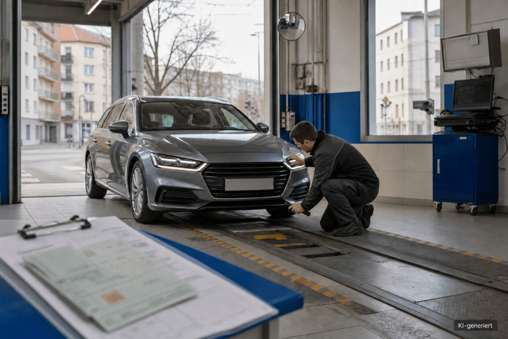 Importauto auf einer technischen Prüfspur bei der Begutachtung in Berlin