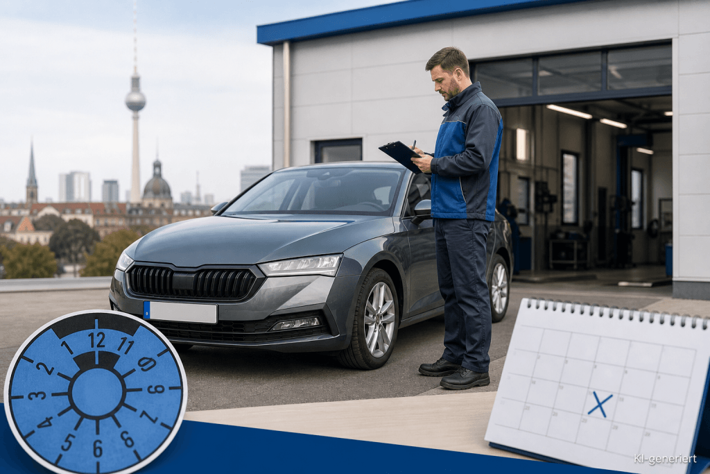 Prüfingenieur kontrolliert ein Fahrzeug vor einer Kfz-Prüfstelle in Berlin; Kalender und HU-Plakette weisen auf eine überzogene Hauptuntersuchung hin.
