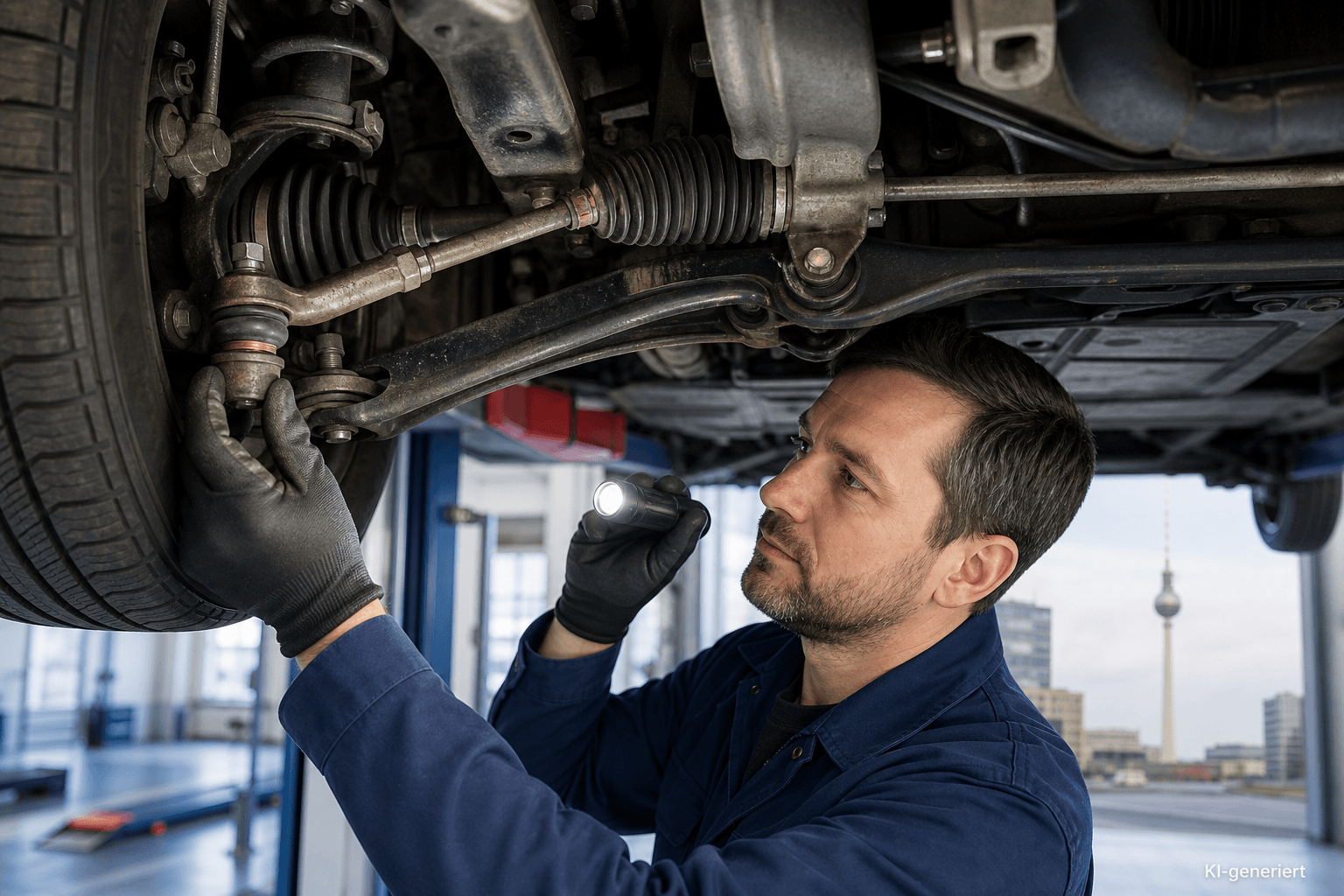 Prüfperson kontrolliert Lenkung, Fahrwerksgelenk und Gummimanschette eines Pkw auf einer Hebebühne in Berlin