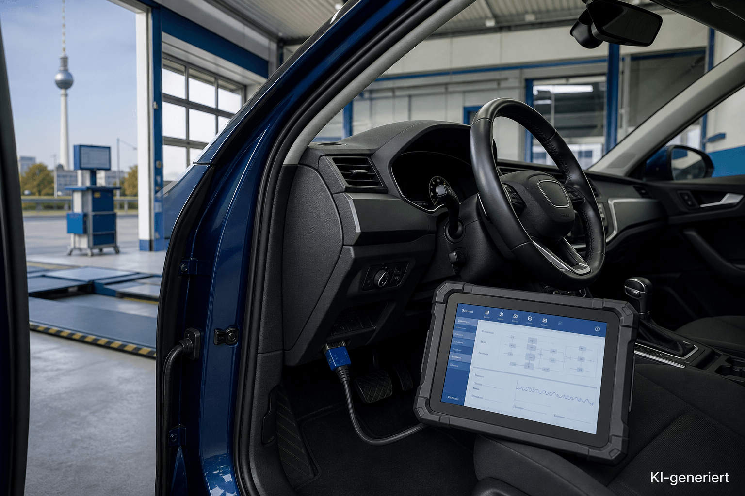 OBD-Diagnosegerät am Fahrzeug in einer Kfz-Prüfstation in Berlin