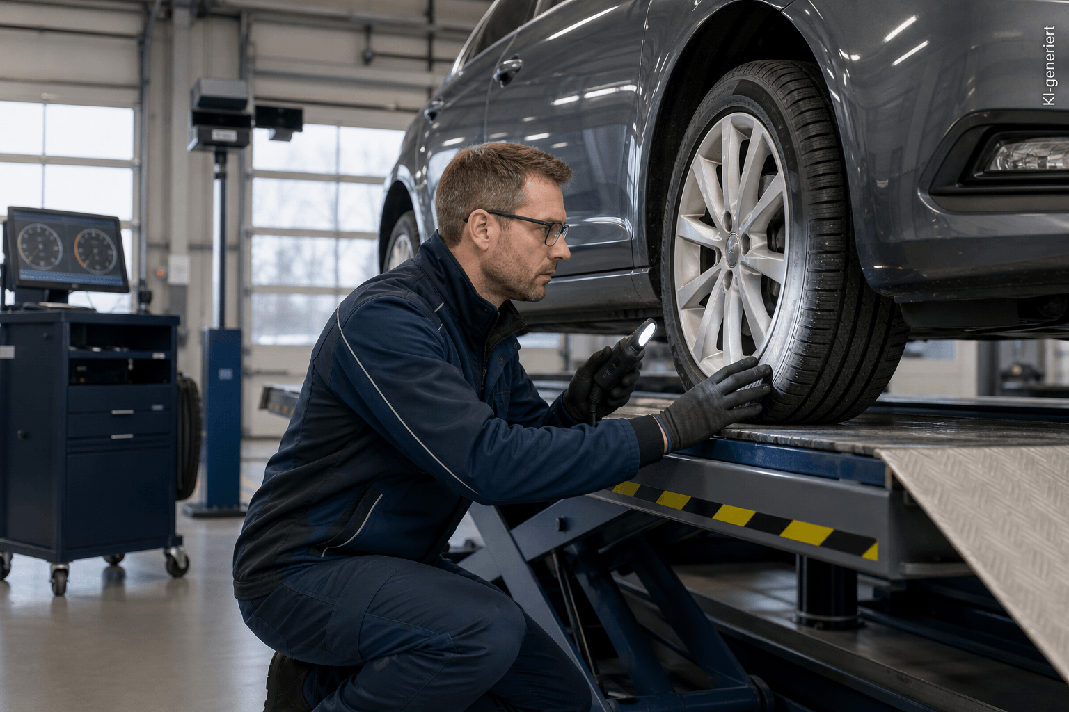 Prüfingenieur kontrolliert die Profiltiefe eines Pkw-Reifens in einer Kfz-Prüfstation.