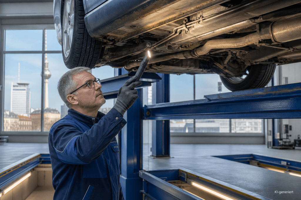 Prüfingenieur kontrolliert korrodierten Schweller, Bremsleitung und Achsaufnahmepunkt eines Fahrzeugs auf der Hebebühne