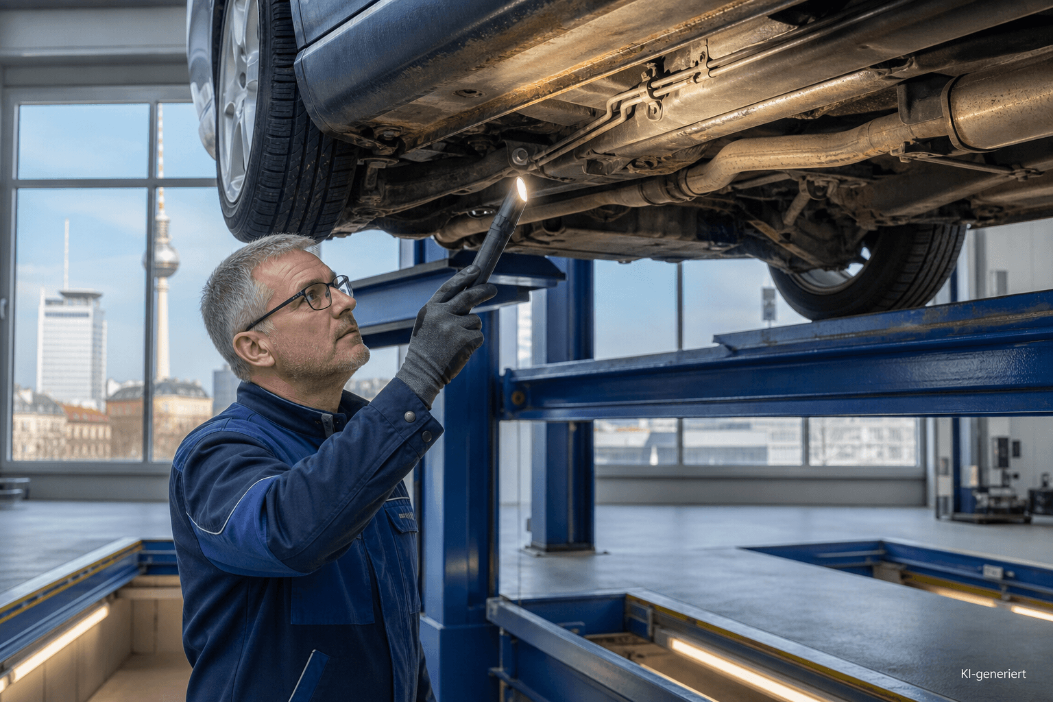 Prüfingenieur kontrolliert korrodierten Schweller, Bremsleitung und Achsaufnahmepunkt eines Fahrzeugs auf der Hebebühne
