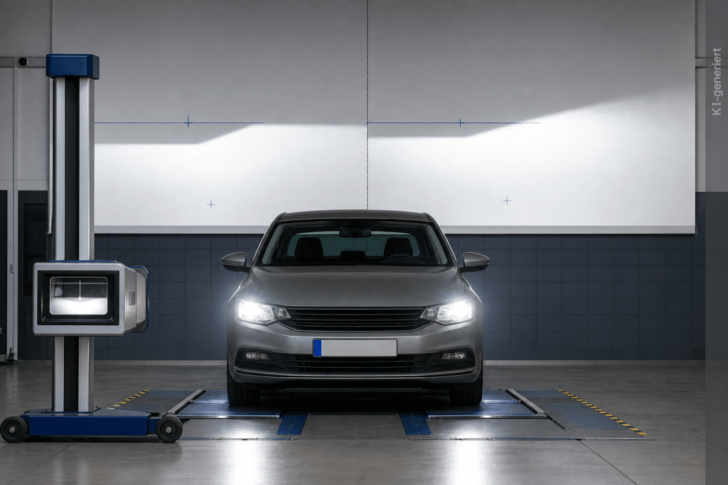 Fahrzeug mit eingeschalteten Scheinwerfern und Scheinwerfereinstellprüfgerät in einer Kfz-Prüfstation in Berlin