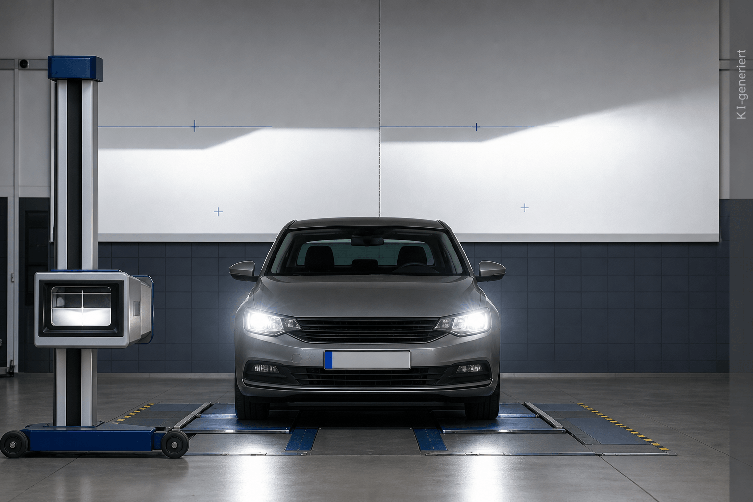 Fahrzeug mit eingeschalteten Scheinwerfern und Scheinwerfereinstellprüfgerät in einer Kfz-Prüfstation in Berlin