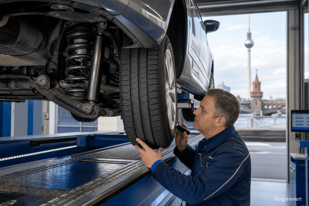 Fahrzeug auf einer Kfz-Prüfstation in Berlin mit sichtbarem Stoßdämpfer, Fahrwerk und Reifen