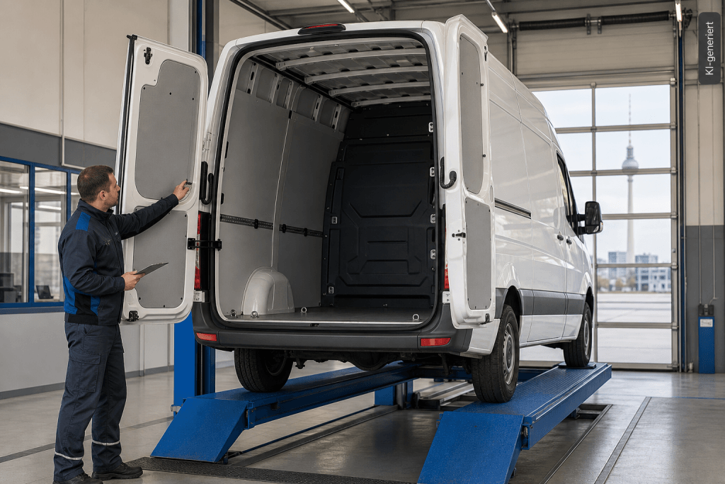 Weißer Transporter auf einer Hebebühne in einer Prüfstelle; ein Prüfingenieur kontrolliert Hecktür, Laderaum und Trennwand.