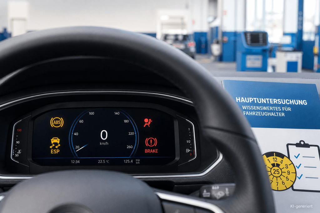 Digitales Fahrzeugcockpit mit leuchtenden ABS-, ESP-, Airbag- und Bremswarnsymbolen vor der Hauptuntersuchung